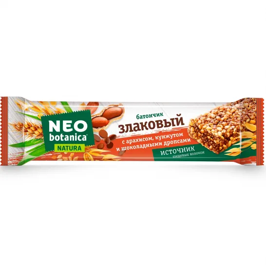Батончик злаковый Neo botanica NATURA с арахисом кунжутом и шоколадными дропсами
